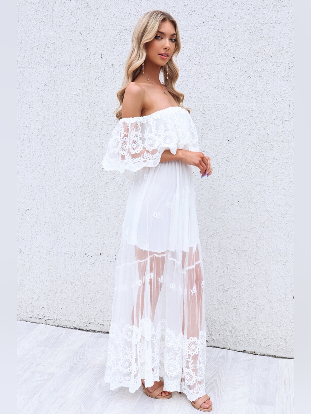 White Embroidered Lace Off Shoulder Maxi Dress Size US 4 Small - Picture 3 of 11